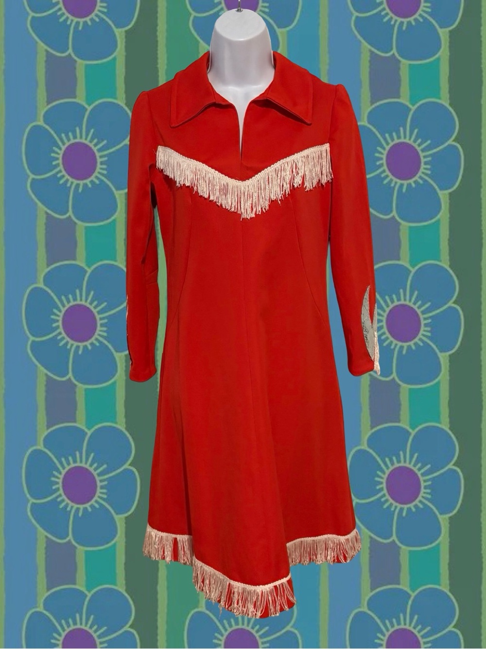 RARE 70s Vintage Red Midi Dress with White Fringe Trim and PVC Details